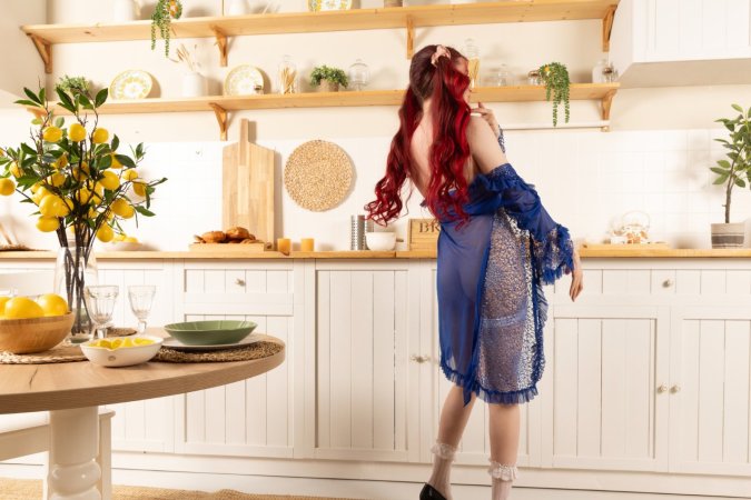 Cassie B in lingerie by kitchen wicker chair photo 8